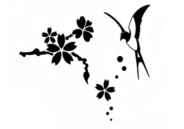 Design: Sakur'hirondelle, Hirondelle et branche de cerisier en fleur ; un noir et blanc graphique et poétique.