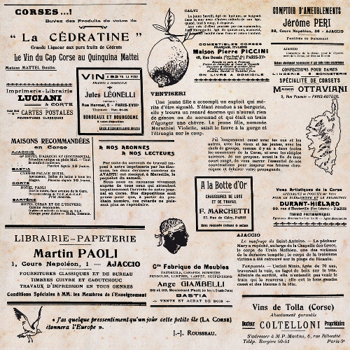 Design: corsica 1912 by etpourquoipaslalune, la corse d'époque... vintage et vieilles typo à l'honneur ! très facile a marier avec mon autre tissus "belle epoque"...