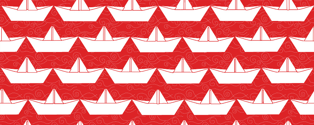 Design: bateau blanc fond rouge, 