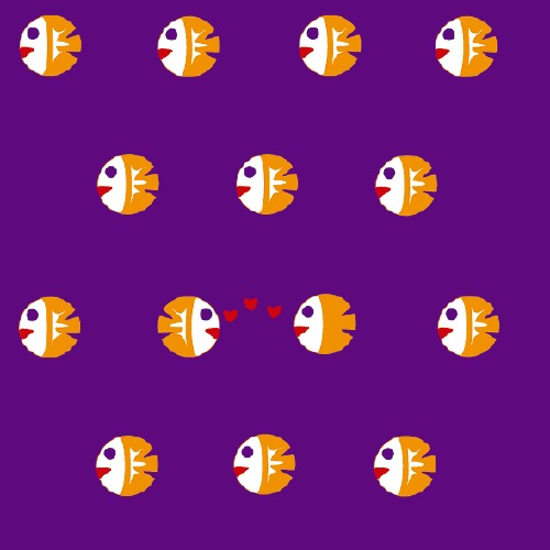 Design: orange fish on violet, petits poissons orange sur fond violet