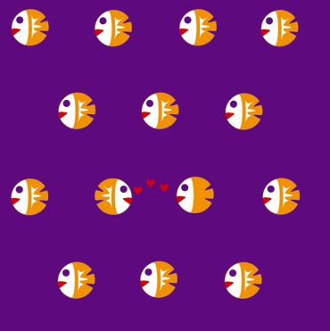 Design: orange fish on violet, petits poissons orange sur fond violet
