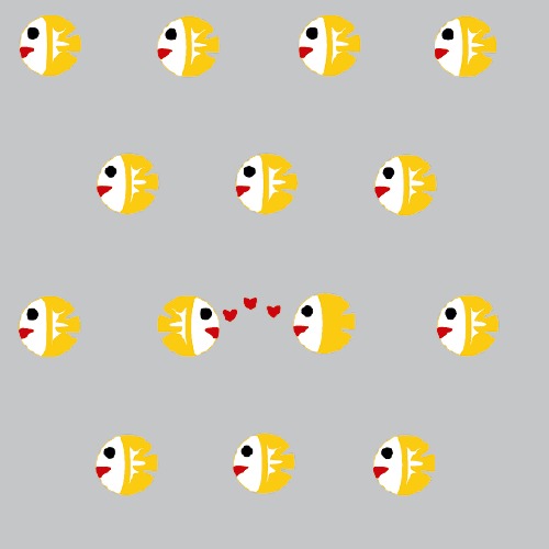 Design: yellow fish on light grey, petits poissons jaunes sur fond gris