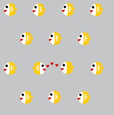 Design: yellow fish on light grey, petits poissons jaunes sur fond gris