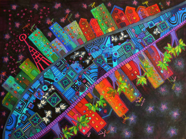 Design: Ville, Ville, village, city, ciudad, nuit, noche, night, noir, negro, black, multicolore, creation original, dessing, dibujo original, tecnica mixta,