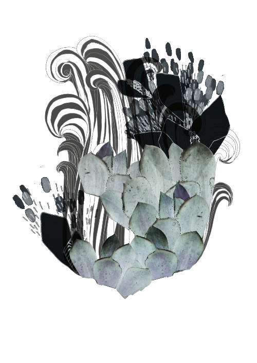 Design: Comme un parfum de chevelure..., Motif alliant dessin à la main et photomontage.