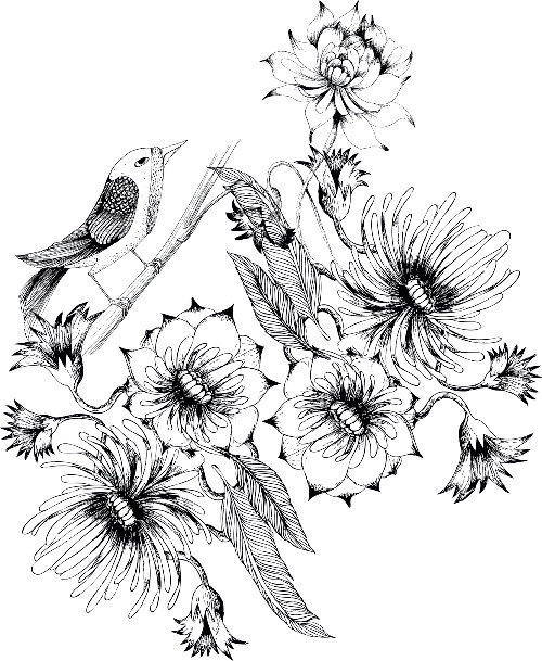 Design: L'oiseau boudeur... , L'oiseau boudeur, se cache parmi les fleurs...