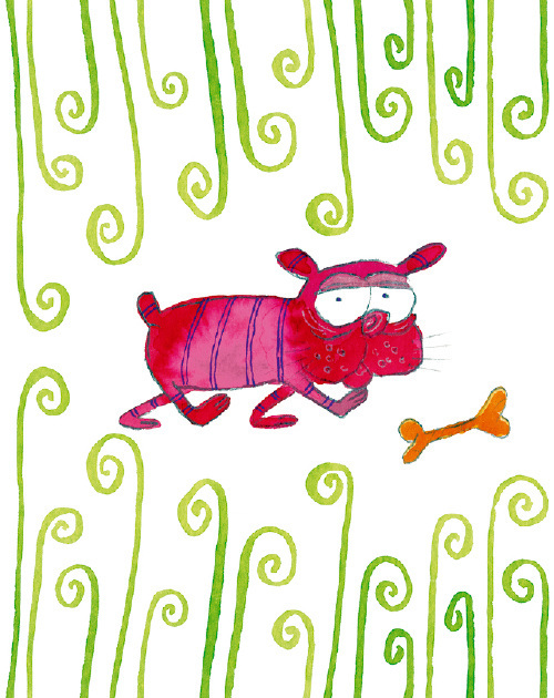 Design: Chien rouge!, Chien rouge avec son os ! - Réalisé au crayon et à l'encre -