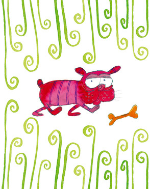 Design: Chien rouge!, Chien rouge avec son os ! - Réalisé au crayon et à l'encre -