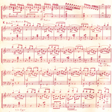 Design: Musique de l'aube rouge, Un très joli fond de partition couleur rouge comme l'aube naissante sur un fond légèrement couleur vieux papier.