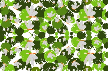 Design: Envolée de libellules, Envolée de libellules sur fond de feuilles.
A vous de jouer !