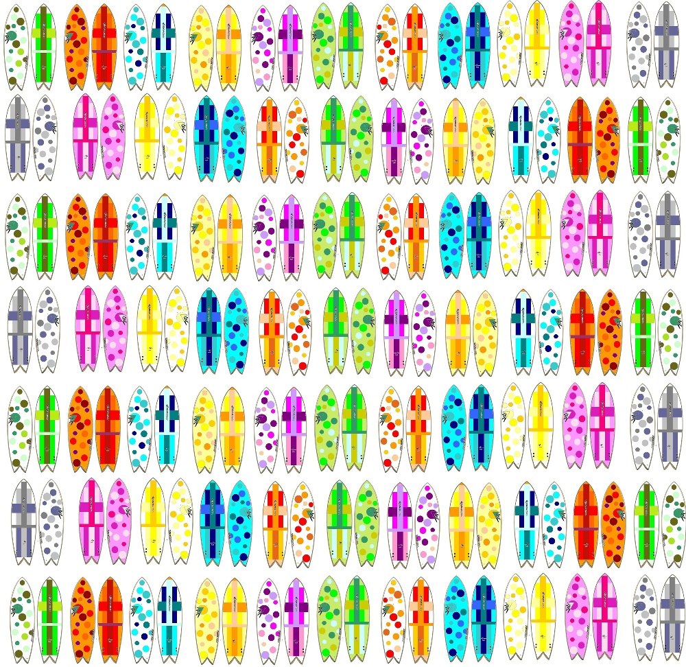 Design: surf1, planches de surfs à pois sur fond blanc