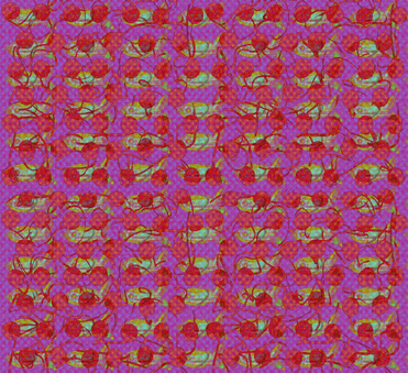 Design: Poissons-fraises, Au fond les poissons, devant les fraises ? 
Un motif coloré et joyeux...