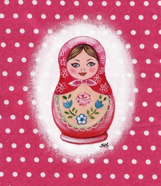 Design: poupée russe , Poupée russe sur fond rose fushia à pois blanc