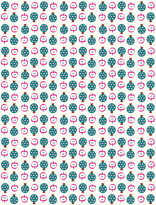 Design: Rosalie, Des petites pommes et des pommiers. Des couleurs acidulées. Un peu de printemps dans vos créations!