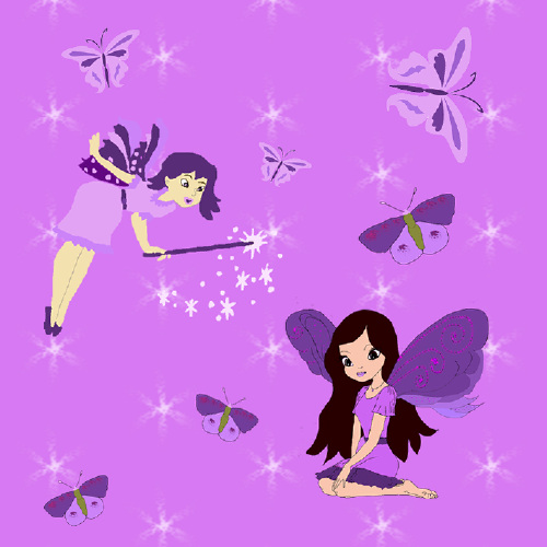 Design: La fée des papillons, sur un fond rose étoilé, une marraine fée transforme les papillons en petite fée.