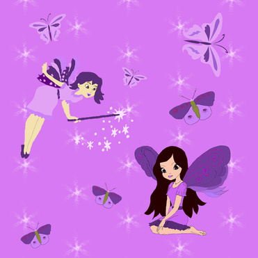 Design: La fée des papillons, sur un fond rose étoilé, une marraine fée transforme les papillons en petite fée.