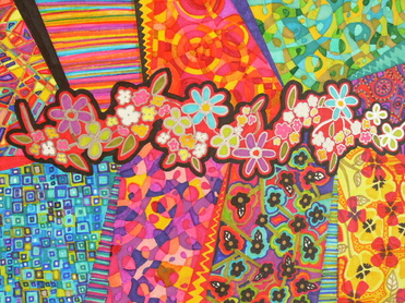 Design: Florecitas, Je crois que mon approche de la couleur est une espèce de compulsion psychédélique, l'expression d'un cerveau habitué à faire plusieurs choses en même temps. J'avoue que ces compositions chaotiques sont une catharsis du stress produit par la vie tranquille que je mène. J'habite à Hyères   près de la mer, mais je suis née dans les Caraïbes et j'ai grandi dans une ville au sommet de la Cordillère des Andes. 2600 mètres plus près des étoiles, qu'on ne peut  voir à cause de la pollution. Le bruit, le mouvement, l'imperfection, les mauvais mots jetés dans l'air avec de l'émotion me manquent. Un univers sans plans ni planification qui nourrit l'imagination et les passions. J'habite en France par amour, et du moins sciemment  mon ancienne vie ne me manque pas, mais cela me suit, se glisse dans  ma pensée, dans mes actes, dans ces Dibujoramas qui ne prétendent rien d'autre que d'exprimer la nostalgie de mon passé en technicolor.