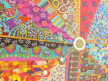 Design: Urban Catharsis, Je crois que mon approche de la couleur est une espèce de compulsion psychédélique, l'expression d'un cerveau habitué à faire plusieurs choses en même temps. J'avoue que ces compositions chaotiques sont une catharsis du stress produit par la vie tranquille que je mène. J'habite à Hyères   près de la mer, mais je suis née dans les Caraïbes et j'ai grandi dans une ville au sommet de la Cordillère des Andes. 2600 mètres plus près des étoiles, qu'on ne peut  voir à cause de la pollution. Le bruit, le mouvement, l'imperfection, les mauvais mots jetés dans l'air avec de l'émotion me manquent. Un univers sans plans ni planification qui nourrit l'imagination et les passions. J'habite en France par amour, et du moins sciemment  mon ancienne vie ne me manque pas, mais cela me suit, se glisse dans  ma pensée, dans mes actes, dans ces Dibujoramas qui ne prétendent rien d'autre que d'exprimer la nostalgie de mon passé en technicolor.