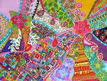 Design: total, Je crois que mon approche de la couleur est une espèce de compulsion psychédélique, l'expression d'un cerveau habitué à faire plusieurs choses en même temps. J'avoue que ces compositions chaotiques sont une catharsis du stress produit par la vie tranquille que je mène. J'habite à Hyères   près de la mer, mais je suis née dans les Caraïbes et j'ai grandi dans une ville au sommet de la Cordillère des Andes. 2600 mètres plus près des étoiles, qu'on ne peut  voir à cause de la pollution. Le bruit, le mouvement, l'imperfection, les mauvais mots jetés dans l'air avec de l'émotion me manquent. Un univers sans plans ni planification qui nourrit l'imagination et les passions. J'habite en France par amour, et du moins sciemment  mon ancienne vie ne me manque pas, mais cela me suit, se glisse dans  ma pensée, dans mes actes, dans ces Dibujoramas qui ne prétendent rien d'autre que d'exprimer la nostalgie de mon passé en technicolor.