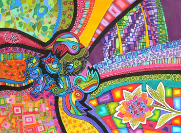 Design: pajaros, Je crois que mon approche de la couleur est une espèce de compulsion psychédélique, l'expression d'un cerveau habitué à faire plusieurs choses en même temps. J'avoue que ces compositions chaotiques sont une catharsis du stress produit par la vie tranquille que je mène. J'habite à Hyères   près de la mer, mais je suis née dans les Caraïbes et j'ai grandi dans une ville au sommet de la Cordillère des Andes. 2600 mètres plus près des étoiles, qu'on ne peut  voir à cause de la pollution. Le bruit, le mouvement, l'imperfection, les mauvais mots jetés dans l'air avec de l'émotion me manquent. Un univers sans plans ni planification qui nourrit l'imagination et les passions. J'habite en France par amour, et du moins sciemment  mon ancienne vie ne me manque pas, mais cela me suit, se glisse dans  ma pensée, dans mes actes, dans ces Dibujoramas qui ne prétendent rien d'autre que d'exprimer la nostalgie de mon passé en technicolor.