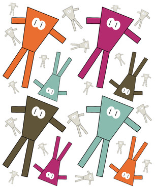 Design: Doudous à adopter, Dessin réalisé par Audrey Debruyne. On retrouve le tissu sur des réalisations de sacs et pochettes. Plusieurs variantes de couleurs possible, mais le préféré, ce sont les couleurs de Samoz !
Depuis trois ans, ce "doudou" se décline aussi sous en 3D : jouet, broche, porte-clé, entièrement réalisés à la main. 