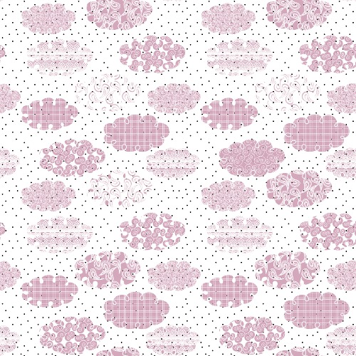 Design: Pink Cloud, Motif nuages rose sur plumetis de pois noirs / Univers Mode / décoration / femme / enfant / bébé 