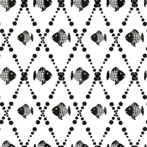 Design: Poissons, Motif Poissons noirs sur fond blanc détails jaunes / Univers décoration /Mode / enfant Losanges inspirations vintage