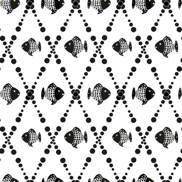 Design: Poissons, Motif Poissons noirs sur fond blanc détails jaunes / Univers décoration /Mode / enfant Losanges inspirations vintage