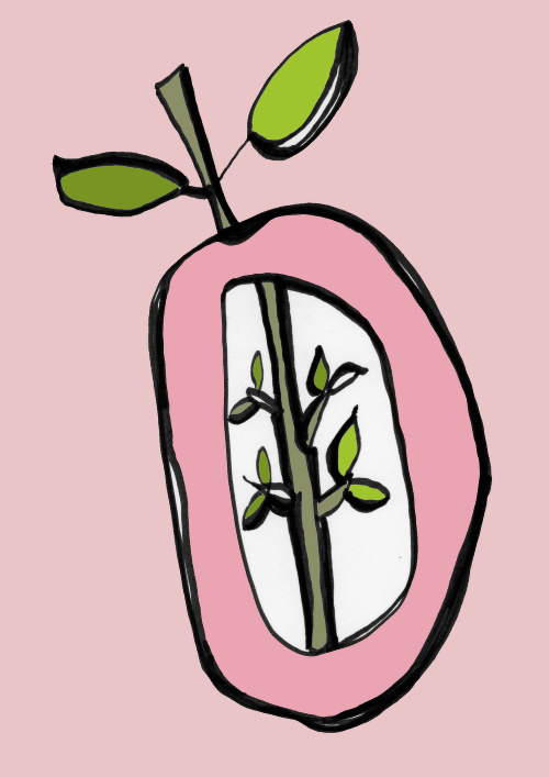 Design: pink apple, une pomme rose avec une arbre à l'intérieur, feuilles verts, tige marron