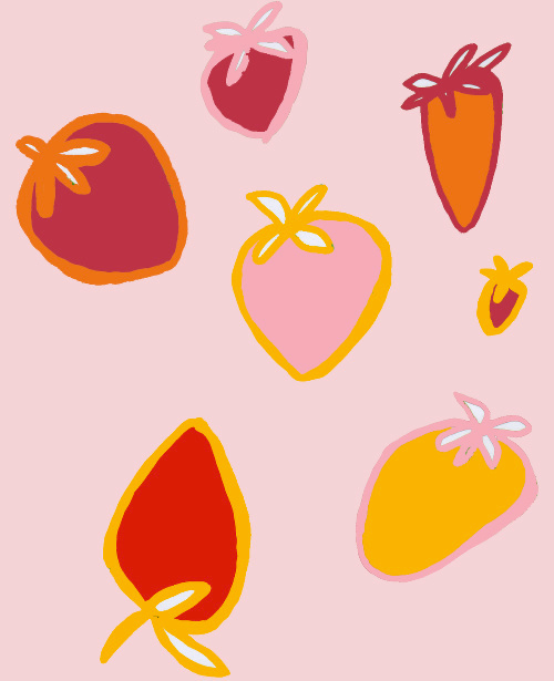 Design: stawberry, fraises, jaune, rouge, roses,