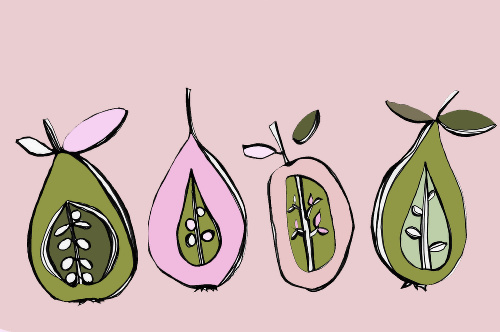 Design: pears, dessin , graphique, couleurs, rose, vert, fond rose 