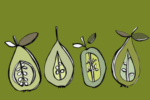 Design: green pears , poires verts sur un fond vert dessin graphique couleurs