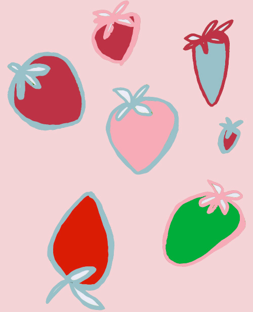Design: pink strawberry, fraises, bleu, roses, verts, rouges sur un fond rose, dessin 