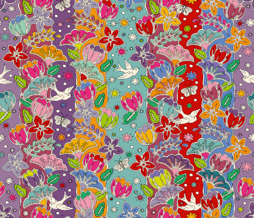 Design: Fleurs, oiseaux et papillons, Dessin réalisé à la main, scanné et retravaillé