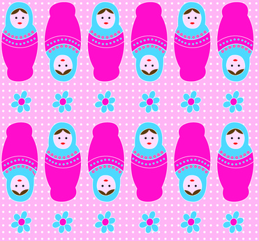 Design: Matriochkas, Matriochkas et fleurs sur fond rose pâle à pois blancs. Un tissu qui ravira les petites filles ! Design Bulle de surprise