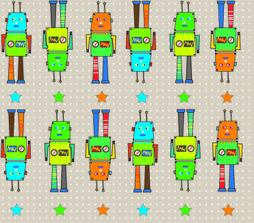 Design: Robots, Robots au design un peu rétro sur fond beige à pois blancs. Un tissu qui ravira les petits garçons ! Design Bulle de surprise