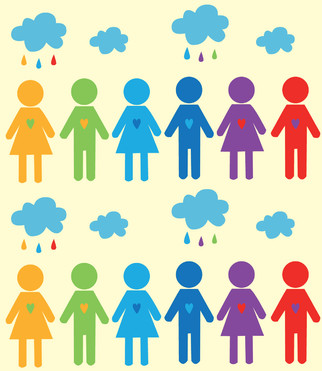 Design: Bonshommes, De petites filles et petits garçons aux couleurs de l'arc en ciel - nuages et gouttes colorées - fond jaune / beige pâle. Pour mettre de la couleur dans vos travaux de couture pour les enfants ! Design Bulle de surprise