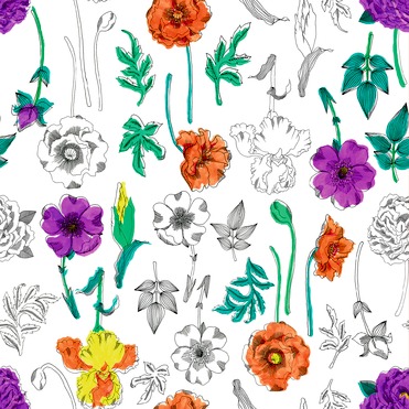 Design: Fleurs verticales, Fleurs originales, dessinées à la main et peintes à l'aquarelle. A la manière d'un herbier.