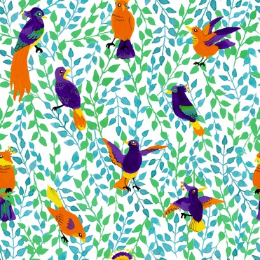 Design: Oiseaux, Oiseaux tropicaux, création originale par Chikako, feutres et aquarelle