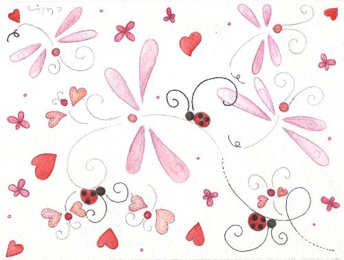 Design: jardin de Fantasies, Envol de libellules  dans un jardin de coeurs sous le regard attentif de petites coccinelles ...