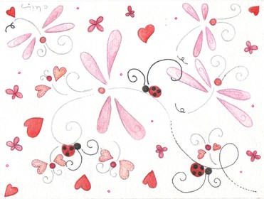 Design: jardin de Fantasies, Envol de libellules  dans un jardin de coeurs sous le regard attentif de petites coccinelles ...
