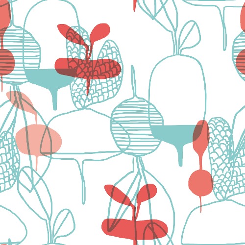 Design: Radis roses, Radis verts, Motif réalisé pour le concours "De bons petits plats". 
C'est un mélange de radis dessinés à la main, que j'imagine en grand format sur des nappes ou bien des tabliers.