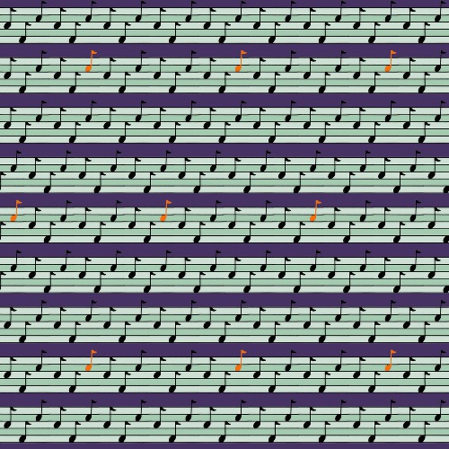 Design: music, Répétition de notes de musique sur des portées stylisées. La palette utilisée est dans les tons bleus et violets, avec une pointe de orange.