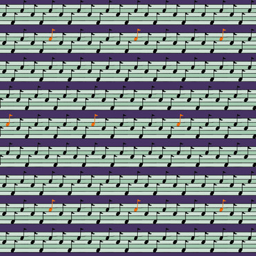 Design: music, Répétition de notes de musique sur des portées stylisées. La palette utilisée est dans les tons bleus et violets, avec une pointe de orange.