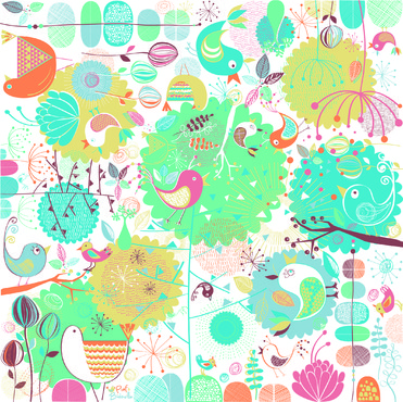 Design: Piaf et bidouille-1, Piaf et bidouille : est un tissu fleuri ou les oiseaux batifolent dans une nature géométrique en toute légèreté. 