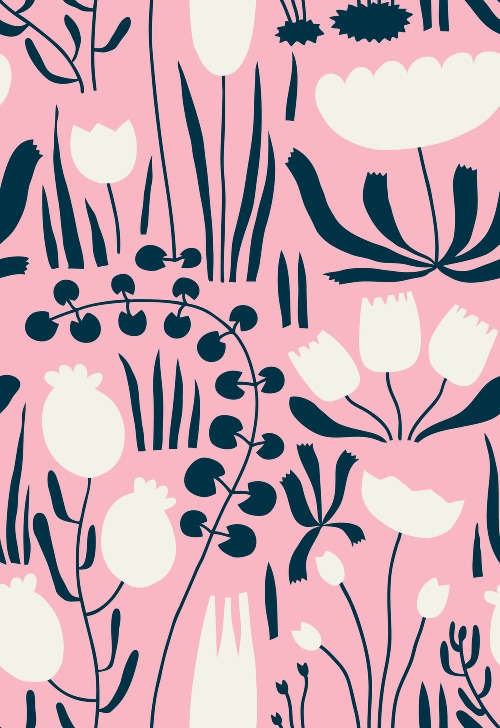 Design: élo - FLEURS-rose, Des fleurs, modernes et bucoliques, pour des nappes, décorer la cuisine, ou pourquoi pas un chemisier ou une jupe printanière!