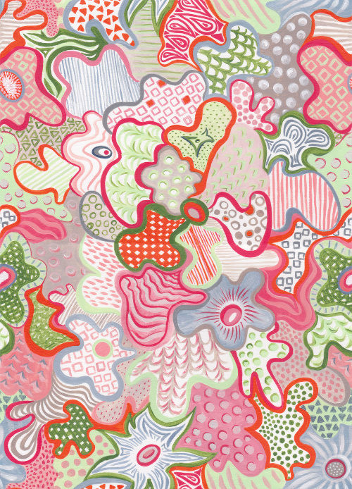 Design: Petite géométrie de mai, Un design contemporain pour ce motif peint à l'acrylique, qui s'accorde parfaitement avec les motifs " petite géométrie rose", et " herbe de mai " pour créer du linge de maison et de beaux coussins.