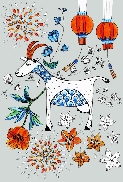 Design: nouvelanchinois, motif créé pour le concours "nouvel an chinois" l'année de la chevre. Dessin au crayon et peinture acrilique