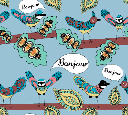Design: bonjour le printemps, les beaux jours arrivent, les oiseaux nous le disent...écoutez bien. Motif crée pour le concours couleurs tendances printemps/été 2015