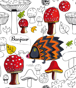 Design: champignons , Motif créé à partir d'une toile peinte. Le tissu sera transformé en sac cabas pour faire parti d'une exposition de peinture. Le thème est les animaux en harmonie avec la nature